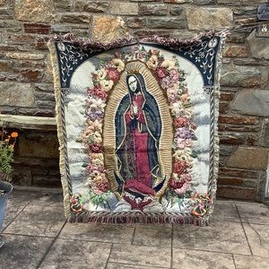 Hand embellished woven tapestry/small blanket MonaLisa face bindi on Virgin Mary